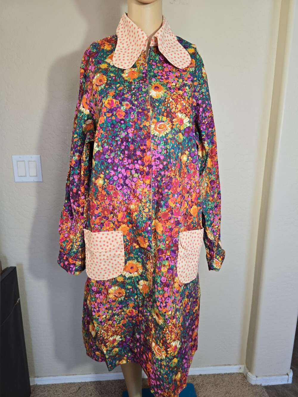 Batsheva Floral Multicolor Patch-Pocket Shirt Dress with Contrast Collar Size XL